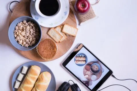 Flat Lay View of Breakfast Table Set up. Stock Photos