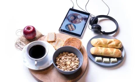 Flat Lay View of Breakfast Table Set up. Stockfoto's