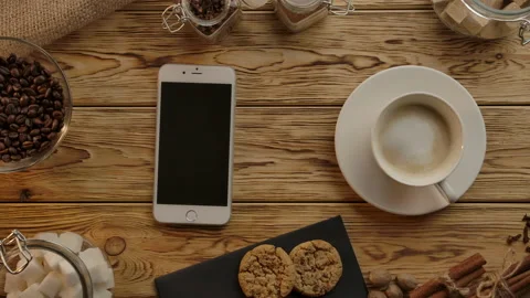 Flat lay view. Continuous working or surfing online while eating and drinking. Stock Footage 138524009