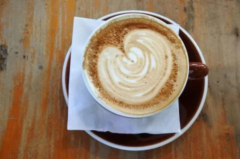 Flat lay view of a flat white cup of coffee drink Stock-Fotos