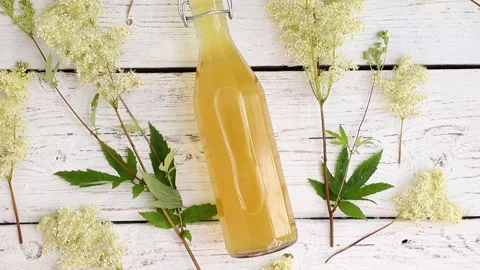 Flat lay view of homemade Meadowsweet Filipendula ulmaria flowers. Stock Footage 313937439