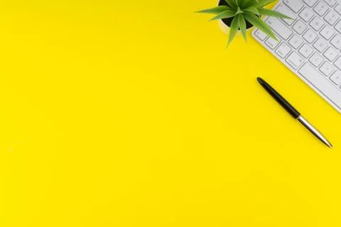 Flat lay view of office table desk Stock Photos
