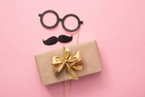 Flat lay view of packed Father`  s day present  background. Stock Photos