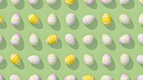 Flat lay view to pattern from Easter eggs on green background. Stock Illustration