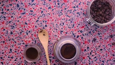 Flat lay view of person preparing espresso coffee with moka pot - 8s Stock Footage 130830850