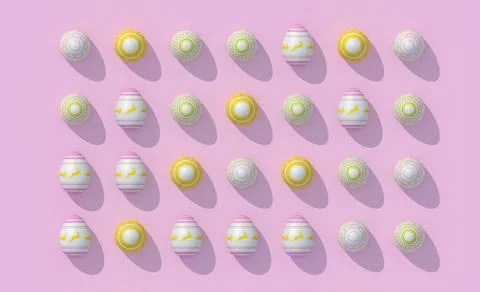 Flat lay view to regular pattern from Easter eggs on pink background. Hard sunny Stock Illustration