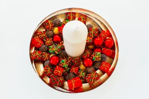 Flat lay view of table centerpiece decorated for Christmas Stock Photos