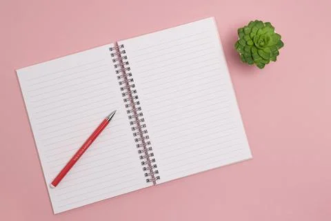 Flat lay, view from the top of the office desk table. Working space notepad o Stock Photos