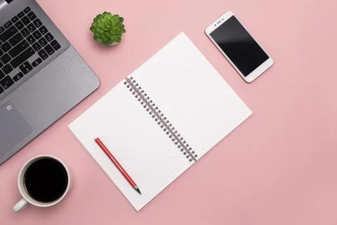Flat lay, view from the top of the office desk table. Working space notepad,  Stock Photos