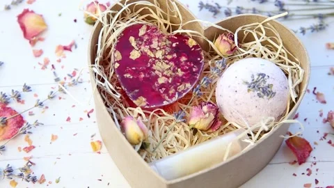 Flat lay view of various homemade spa gifts. 스톡 동영상 148767925