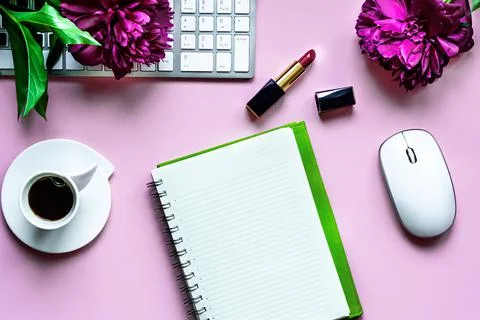 Flat lay view of the workspace. Notebook for a to-do list, computer Stock Photos