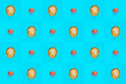 Flat Lay wallpaper background image of coastal seashells on a checkered backg Stock Photos