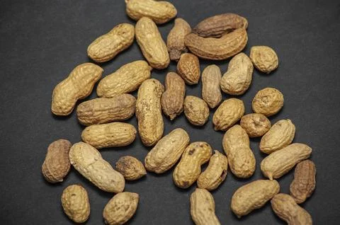 Flat lay wave shape of roasted unsalted peanuts, peanuts in skin and peanuts  Stock Photos