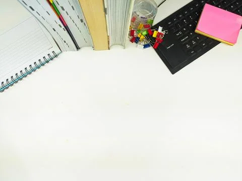Flat lay, white desk in the office with layout space.with office equipment Stock Photos