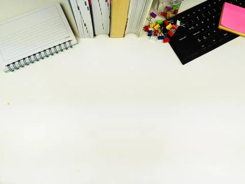 Flat lay, white desk in the office with layout space.with office equipment Stock Photos