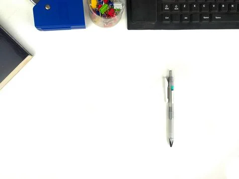 Flat lay, white desk in the office with layout space.with office equipment .. Stock Photos