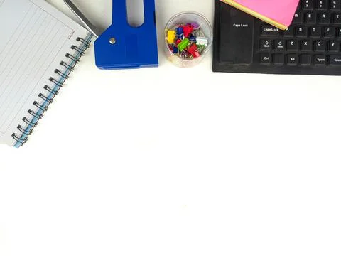 Flat lay, white desk in the office with layout space.with office equipment Stock Photos