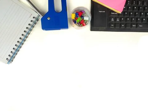 Flat lay, white desk in the office with layout space.with office equipment Stock Photos
