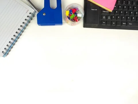 Flat lay, white desk in the office with layout space.with office equipment Stock Photos
