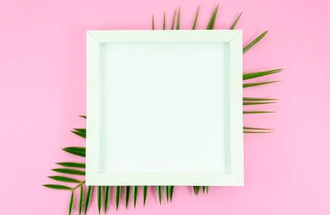 Flat lay white frame with copy space at blank paper list at pink background with Stock Photos