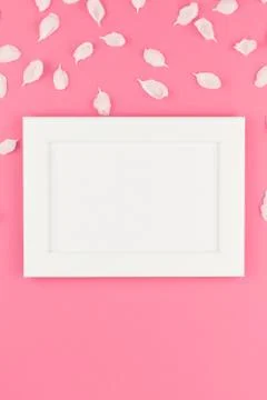 Flat lay of white frame mock up with petals Foto stock