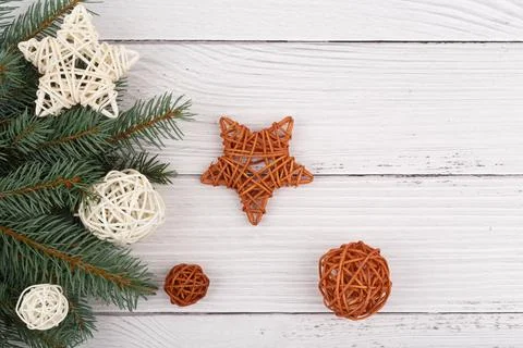 Flat lay with white wooden table decorated with Christmas tree and toys Stock Photos