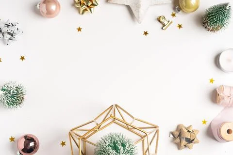 Flat lay of white working table background with Christmas decoration. Top vie Stock Photos
