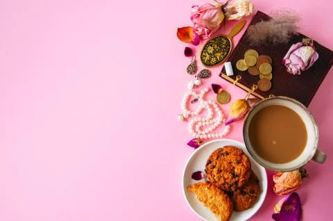 Flat lay of woman's things. Top view. Stock Photos