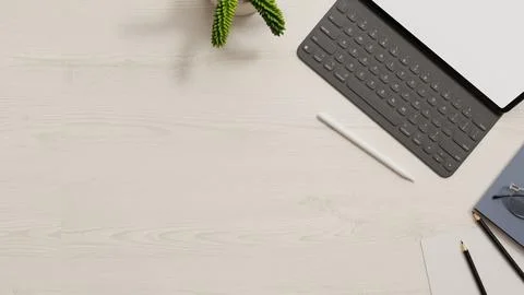 Flat lay wood desk workspace mockup with tablet keyboard pen glasses notebo.. 스톡 일러스트