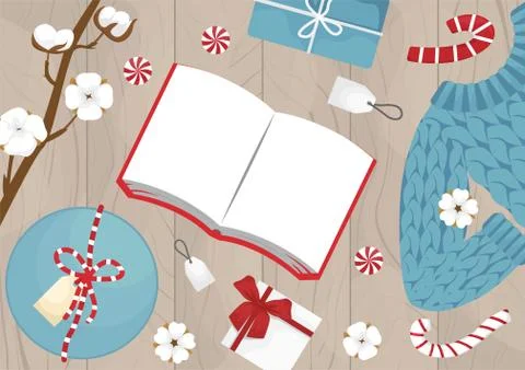 Flat lay wool sweater, book and gifts, branch and cotton flowers on wooden ba Stock Illustration