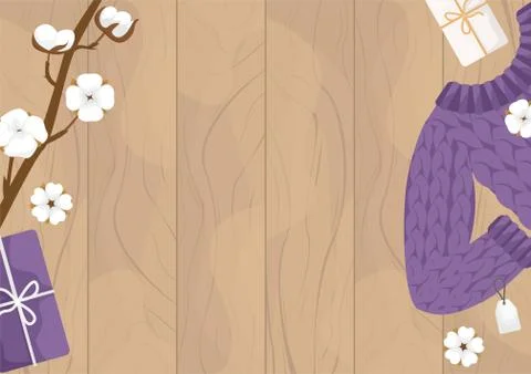 Flat lay wool sweater, branch and cotton flowers on wooden background. Winter Stock Illustration