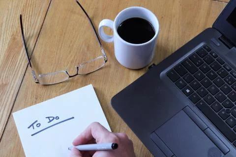 Flat lay of working desk Stock Photos