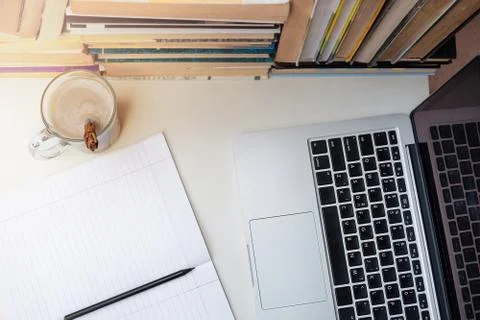 Flat lay workplace. e-learning Stock Photos