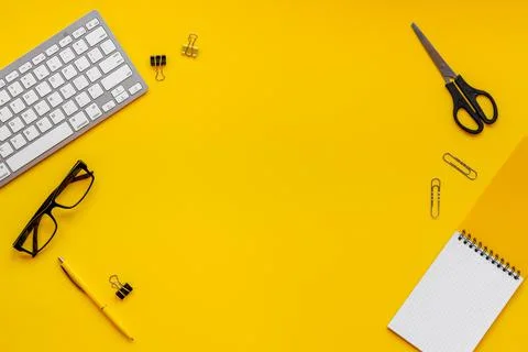 Flat lay workplace office desktop with keyboard and office supplies Stock Photos