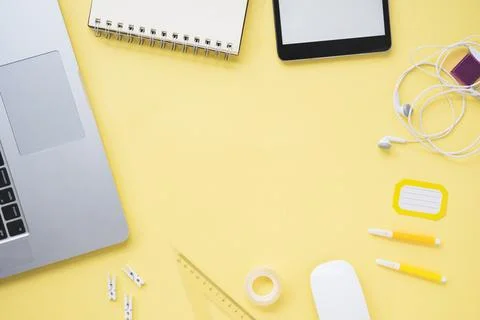 Flat lay workspace with copy space Stock Photos