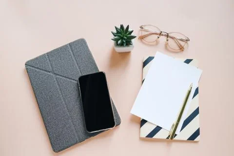 Flat lay of workspace desk Stock Photos