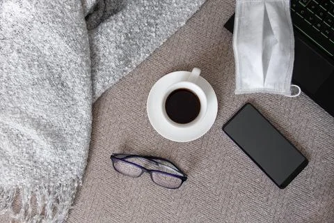Flat lay of workspace Stock Photos