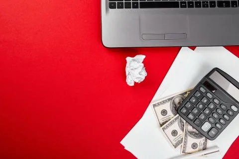 Flat lay with workspace on red backgroud, freelancer online, financial concep Stock Photos