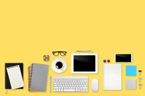 Flat lay workspace table with laptop computer, office supplies Stock Photos