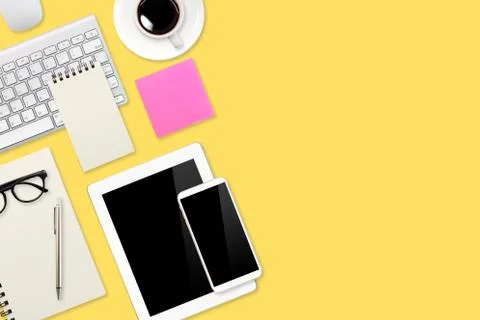 Flat lay workspace table with laptop computer, office supplies, coffee cup Stock Photos