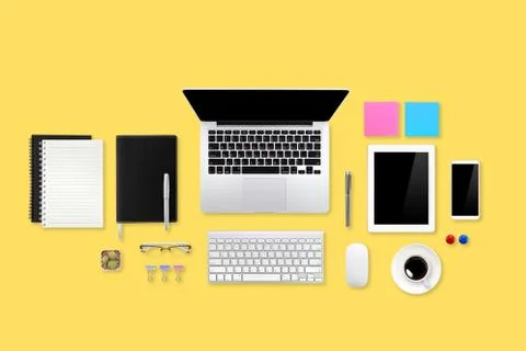 Flat lay workspace table with laptop computer, office supplies, coffee cup Stock Photos