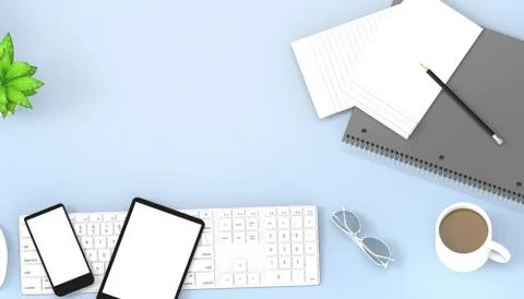 Flat lay Workspace of top view desk work table  with office supplies , smart Illustration