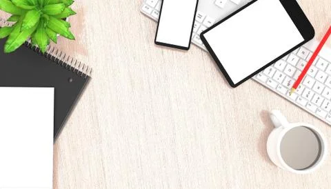 Flat lay Workspace of top view desk work table with office supplies Stock Illustration