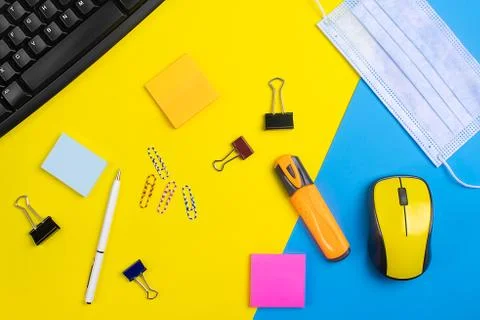 Flat lay workspace yellow computer mouse, office accessory Stock Photos