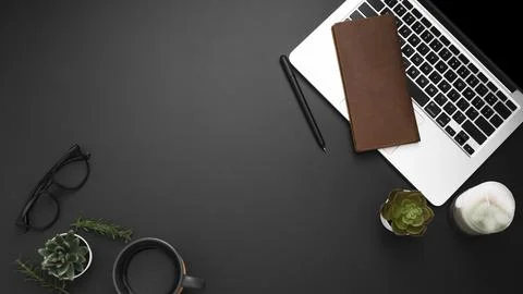 Flat lay workstation with copy space laptop Stock Photos