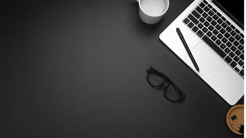 Flat lay workstation with copy space laptop. High quality beautiful photo c.. Stock Photos