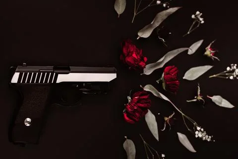 Flat lay for the world, on a black background gun and rose flowers, simulating a Stock Photos