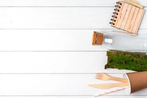 Flat lay Zero waste, eco friendly, natural organic plastic free concept. Stock Photos