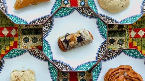 Flat Lay Zoom Out Of Traditional Middle Eastern Sweets Selection Stock Footage 335042110