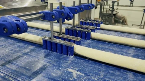 Flat layer of dough on moving conveyor belt prepared for making buns. Video stock 166575754